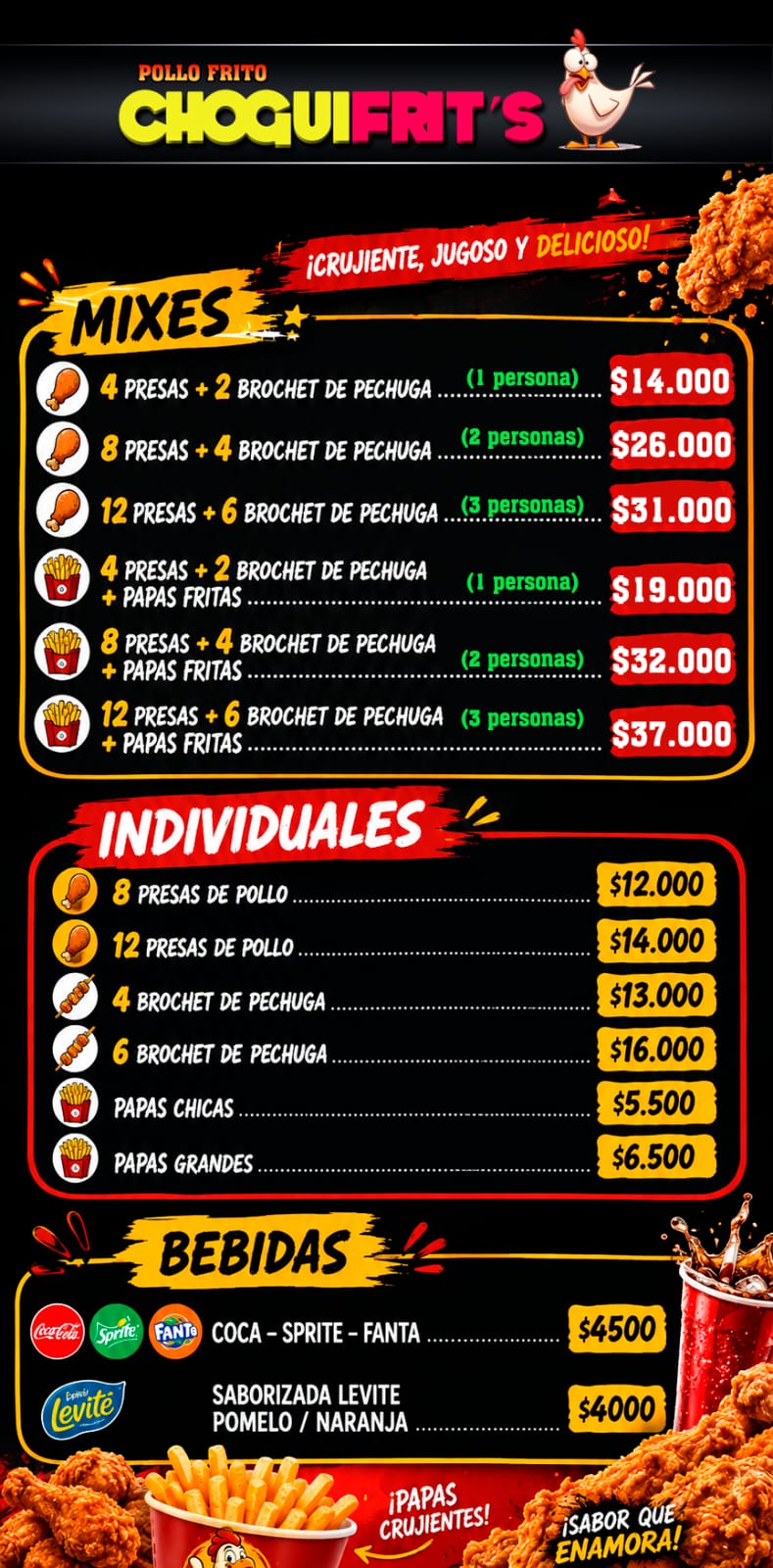 Menú Choguifrits: mixes, individuales y bebidas
